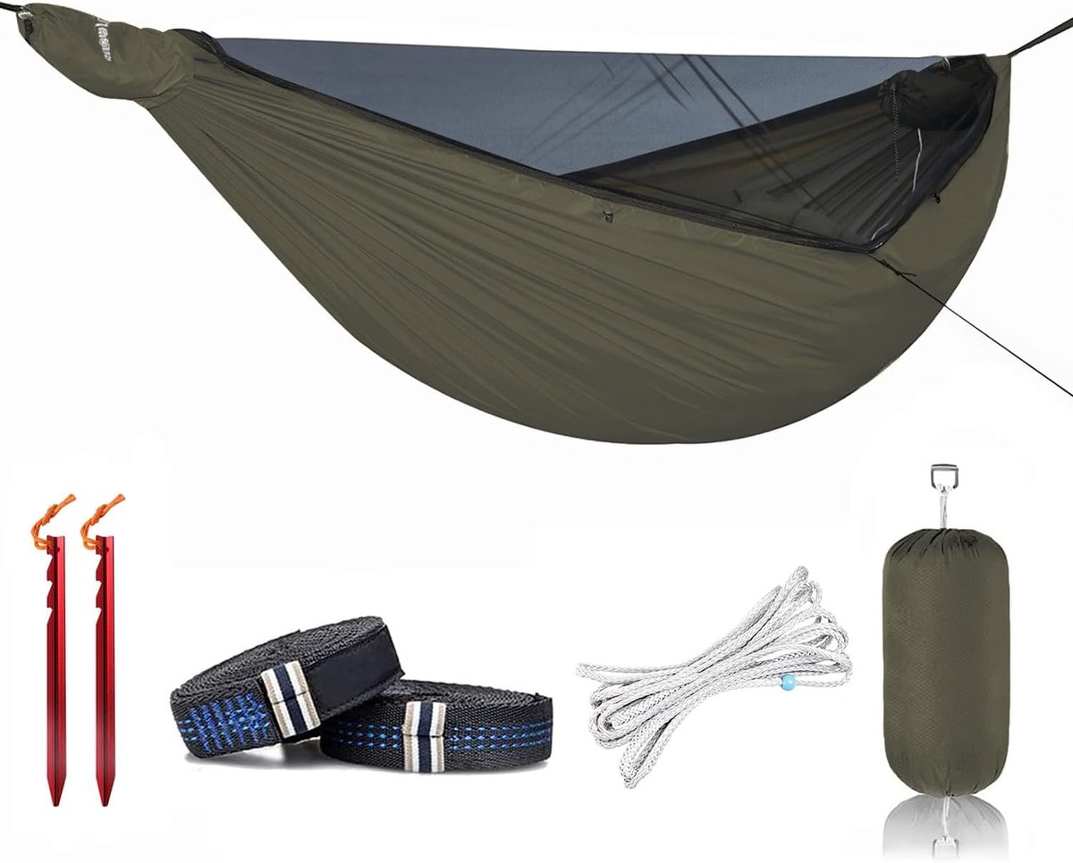Lichtgewicht Campinghangmat met Klamboe en Verstelbare Ridgeline - Ideaal voor Kamperen en Backpacken