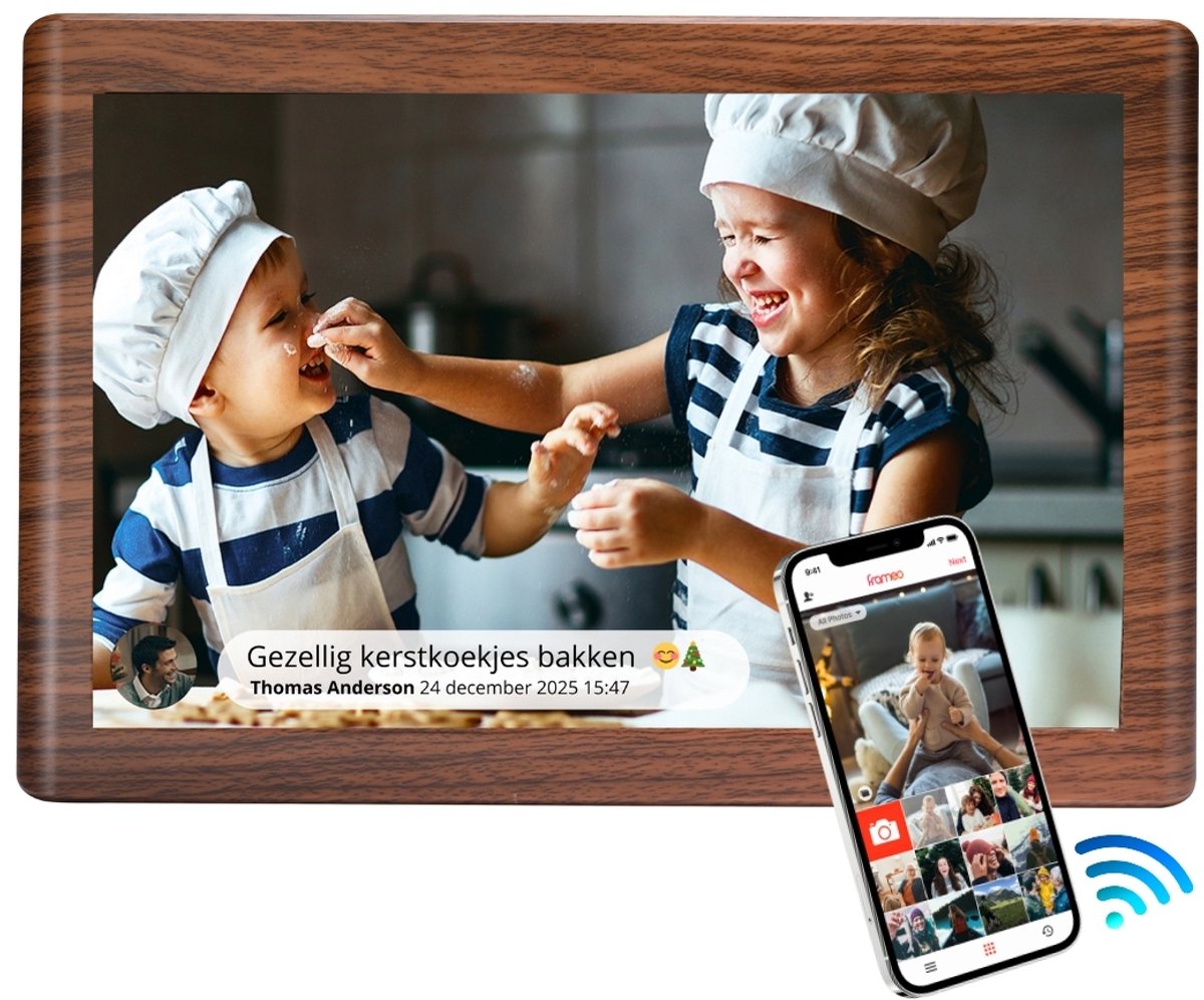 OER - Digitale Fotolijst met Wifi - Luxe CADEAU Uitvoering - Extra Groot Scherm (10.1 Inch) - Hoge Helderheid - Touchscreen - Stuur Foto's/Video's via Gratis Frameo App - Walnoot/Hout
