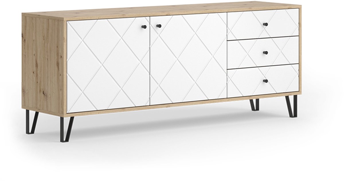 Vicco Nizza TV-meubel – 150.2 x 60.2 cm met 3 lades en 2 deuren Ambachtelijk/Wit Artisanaal eiken