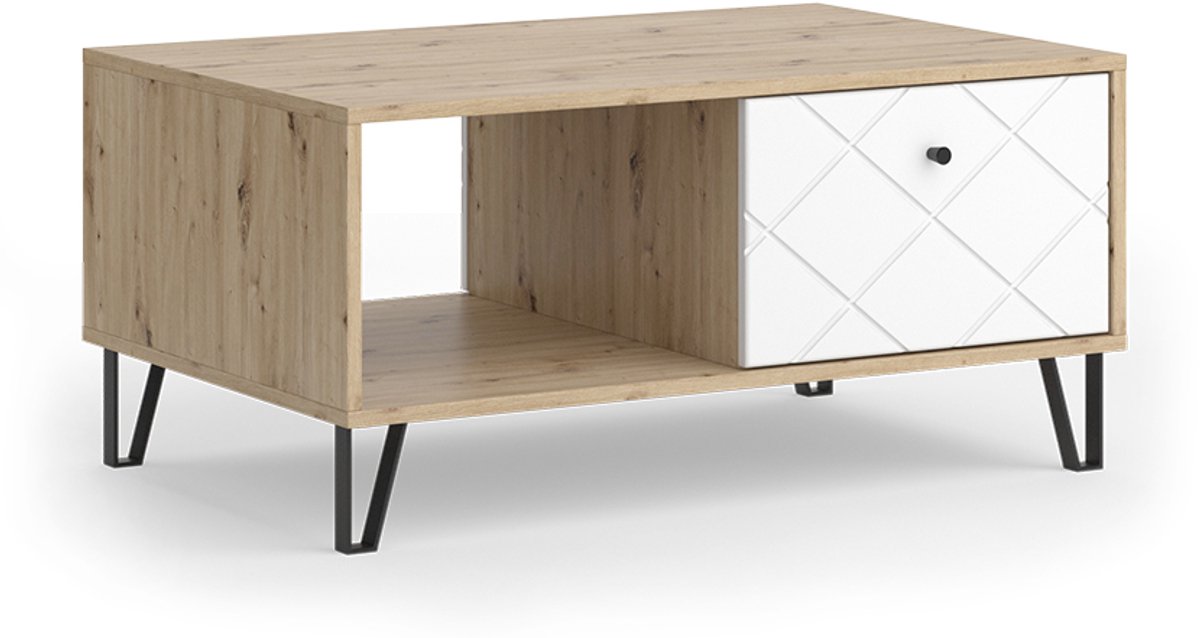 Vicco Nizza Salontafel – 90.2 x 59.4 cm met open vak en lade Ambachtelijk/Wit Artisanaal eiken