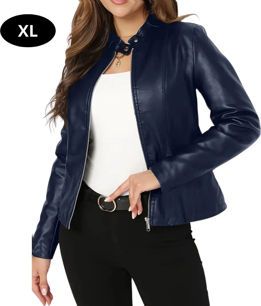 Bovista Kunst Leren Jas Leather Jacket Lederen Jas Bomberjack Pilotenjack Blazer Biker Motorjas Motormuis Dames Blauw
