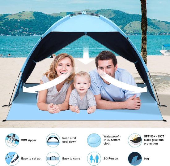 Strandtent UV-bescherming 80+ voor 2-3 personen met stabiele windbescherming - inclusief draagtas van Merkloos — afbeelding 5