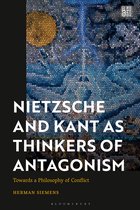 Boek 'Nietzsche and Kant as Thinkers of Antagonism'. Abstracte, mozaïekachtige cover met blauw, grijs en een gele cirkel.