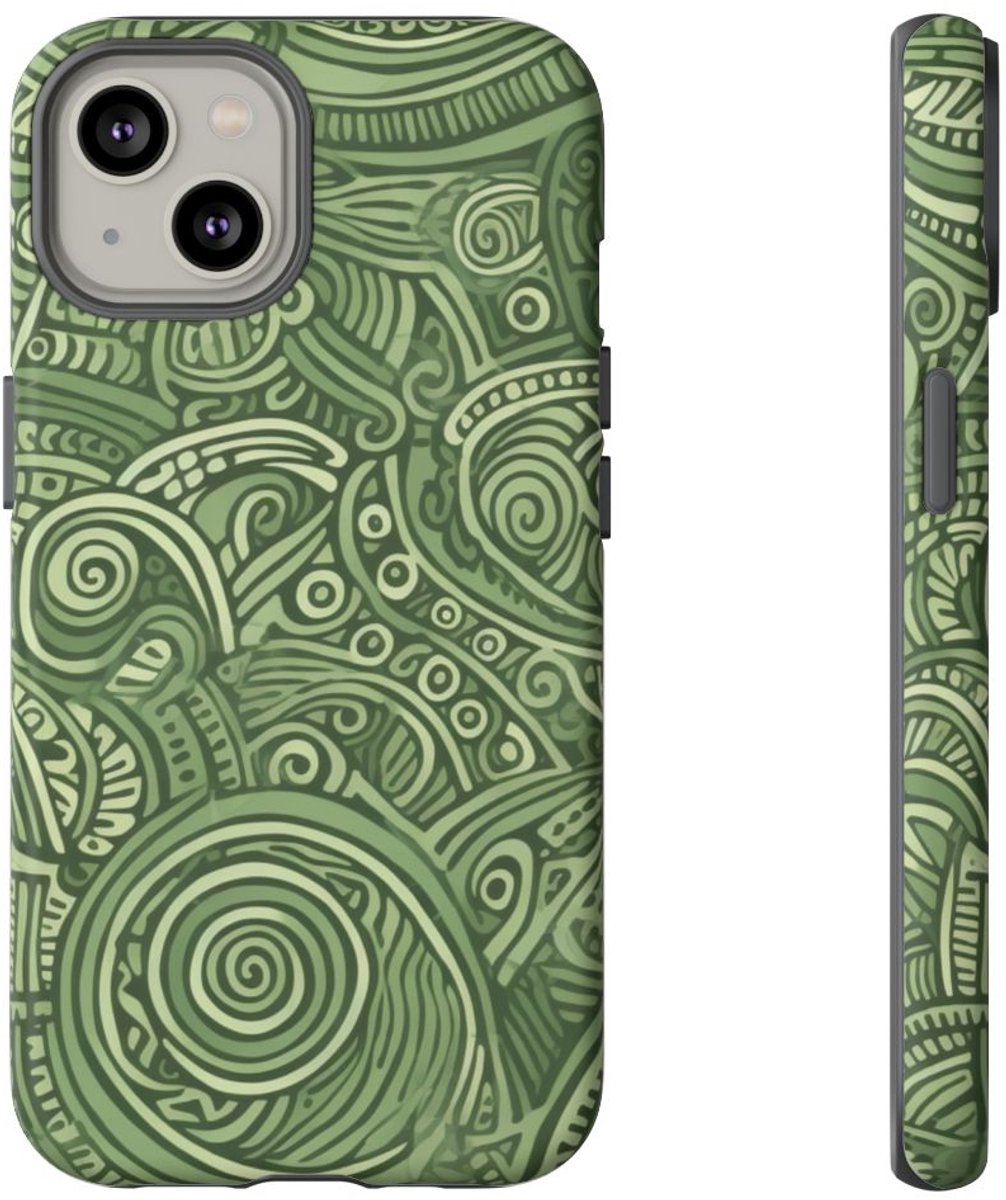 Abstract Groen Tribal Doodle Patroon – Telefoonhoesje Geschikt voor iPhone 14