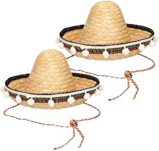 Funny Fashion Mexicaanse Sombrero hoed - 2x - kinderen - Naturel - 25 cm - Verkleed hoeden