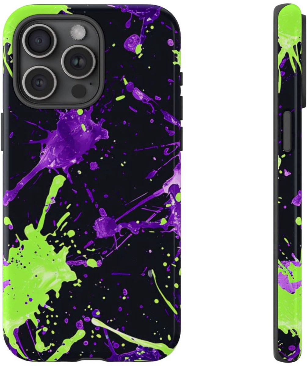 Groene en Paarse Verfspatten Patroon – Telefoonhoesje Geschikt voor iPhone 15 Pro Max
