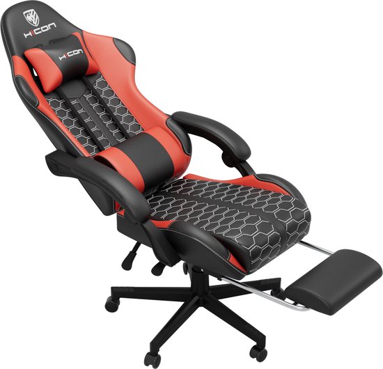 Rode en zwarte gamestoel met voetsteun uitgeschoven, HICON logo en honingraatpatroon.