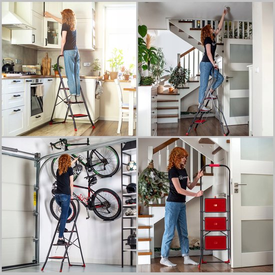 Trapleuning Inklapbare KADAX Inklapbare stalen ladder, zwart-rode trapladder met draagvermogen ...