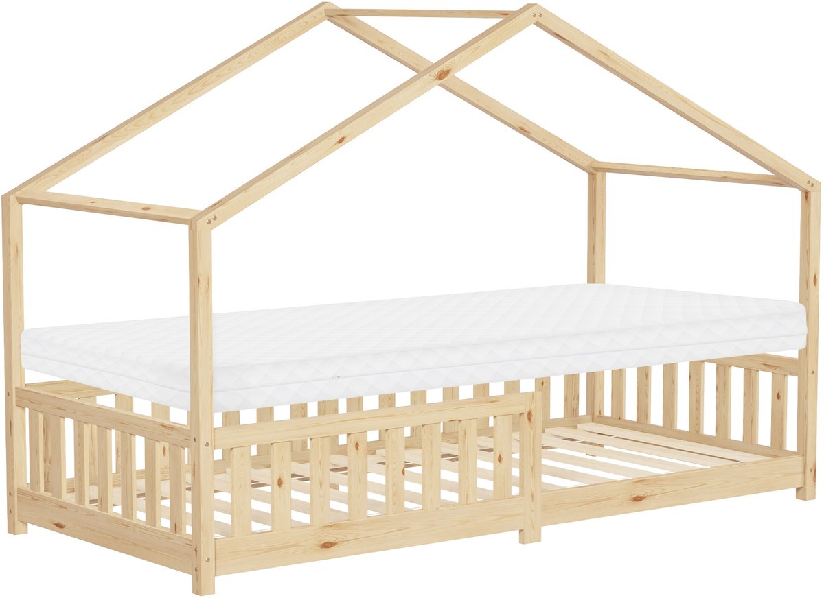 ml-design Montessori kinderbed huisbed 90x200 cm natuur met matras H:10 cm houten bed valbeveiliging lattenbodem dak speelbed grenenhout meisjes jongens kinderen junior vloerbed bedframe kinderkamer speels houten huisbed Beige
