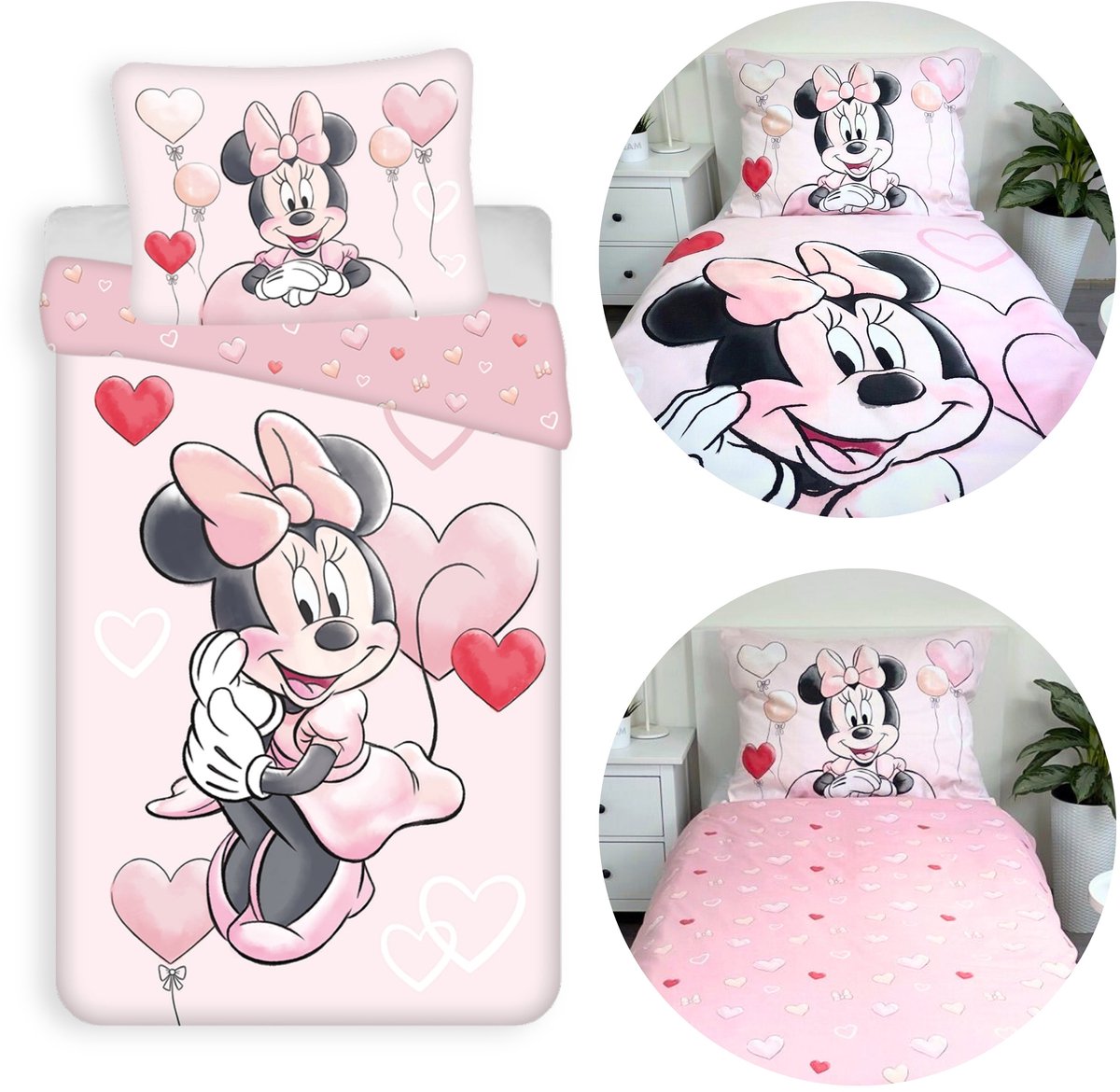 DISNEY Minnie Mouse Roze, DUBBELZIJDIG, katoenen kinderbeddengoed met ritssluiting, 100% KATOEN 140x200+70x90cm OEKO-TEX