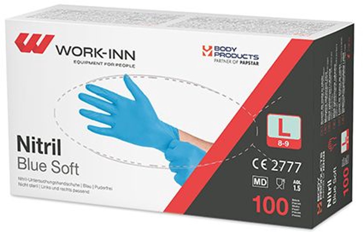 100 WORK-INN/PS Handschoenen Nitril poedervrij Blue Soft blauw Maat: L