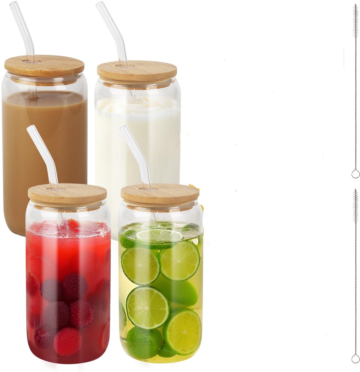 Glazen Set 4 Stuks – 500 ml met Bamboedeksel en Glazen Rietje – Duurzaam, Herbruikbaar en BPA-vrij – Voor Smoothies, Ijskoffie, Bubble Tea en Koude of Warme Dranken