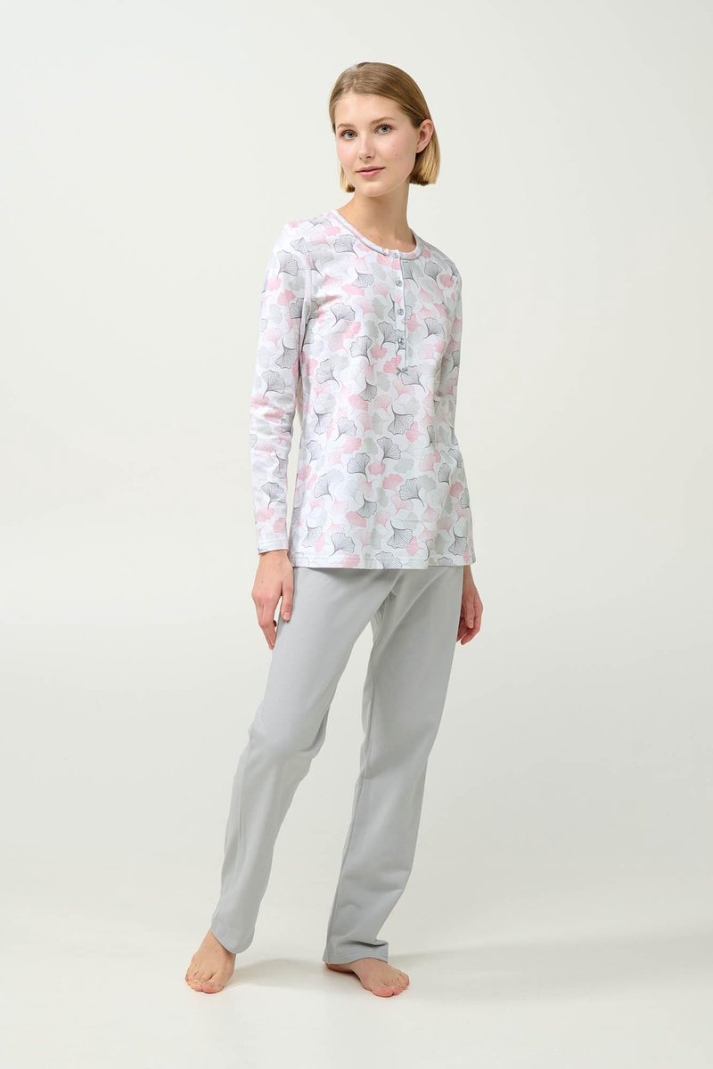 Vamp! Vamp - Dames pyjama katoen met pastelblad print en knoopsluiting Silver Grey