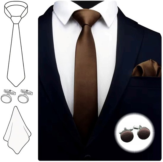 Foto: Fako fashion stropdas met pochette en manchetknopen gestreept ribstructuur 100 zijde effen 6cm 145cm bruin