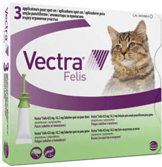 Vectra Felis: doos met 3 spot-on pipetten, met een kattenhoofd op de verpakking. Groen en paars design.