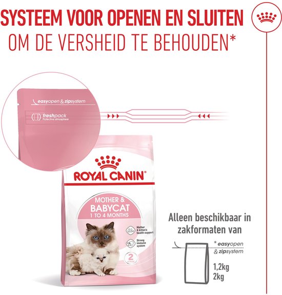 Zak Royal Canin Mother & Babycat 1-4 maanden. Sluitingssysteem met 'easyopen & zipsystem'.