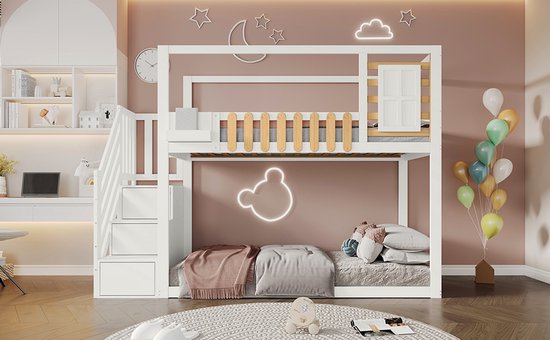 Stapelbed Met Opbergtrap - 90x200cm - 4 Kluisjes Aan De Trap En 2 Lades Onder Het Bed Met Lattenbodem Wit