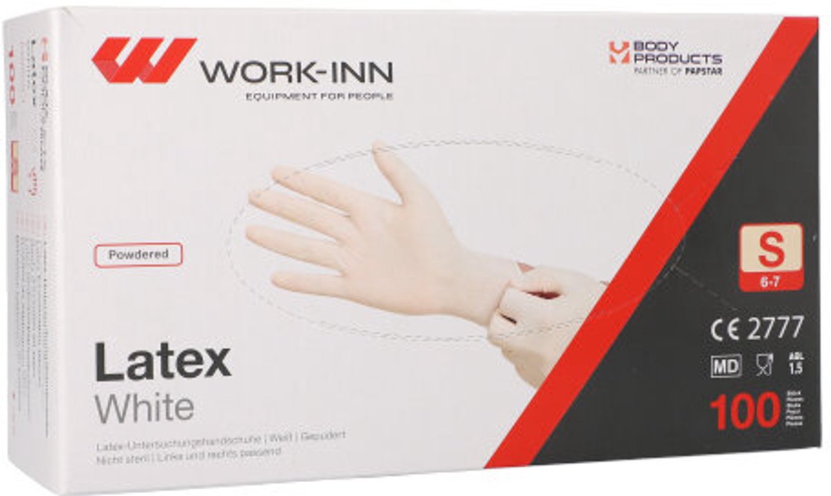 100 WORK-INN Handschoenen Latex gepoederd White wit/natuur Maat: S