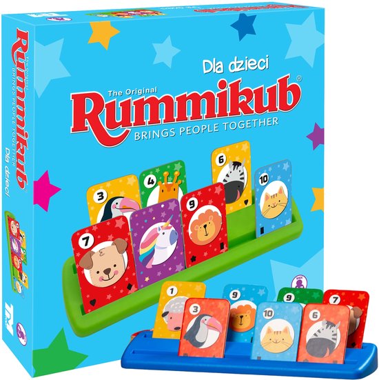 Jeu de société Rummikub Junior avec cartes d'animaux sur un plateau vert et une boîte bleue ornée d'étoiles.