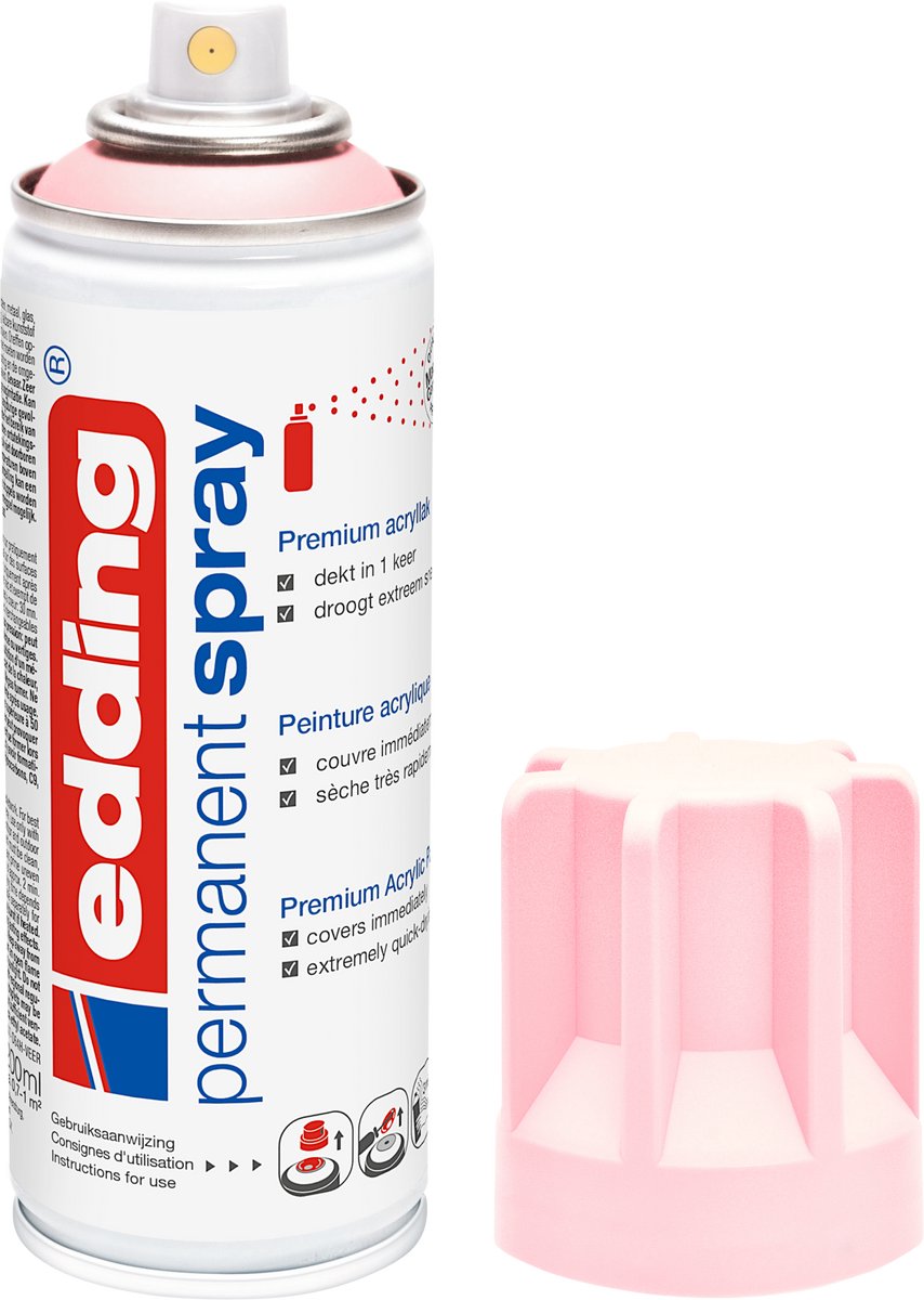 edding 5200 spuitverf in spuitbus - pastelroze mat - 1 stuk - 200 ml verf - direct dekkend – 0,7-1 m2 oppervlak - acrylverf voor het lakken en versieren van glas, metaal, hout, keramiek, kunststof, canvas - permanent spray, verfspray