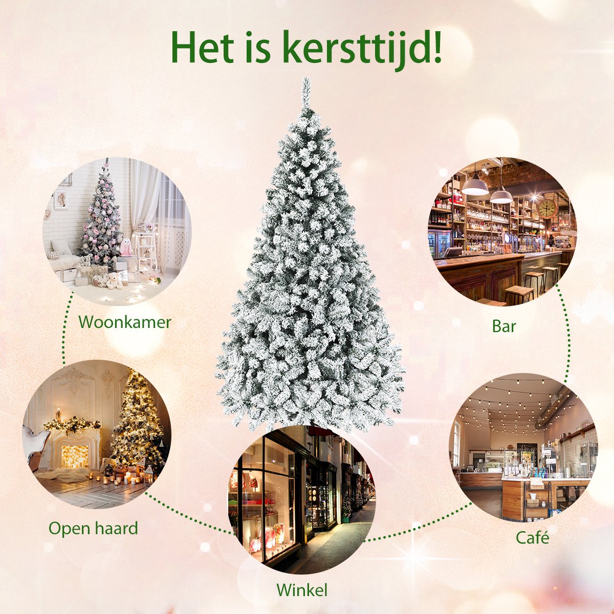 COSTWAY 225 cm Kunstkerstboom met verlichting - Realistische Kunststof Kerstboom met sneeuw - Kerstmis Kerstboom - PVC 1010 takken & 450 LEDs -wit en groen – foto 6
