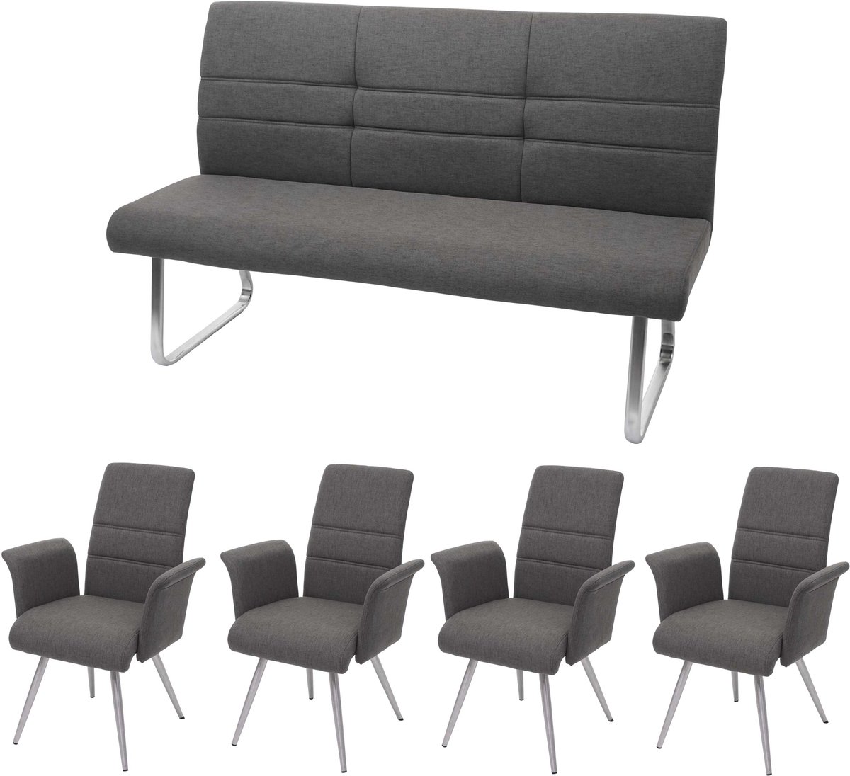 MCW Set van 4 eetkamerstoelen + bank MCW-G55, bank, keukenstoel, stoel + armleuning, stof/textiel, roestvrij staal ~ grijsbruin, bank 160 cm
