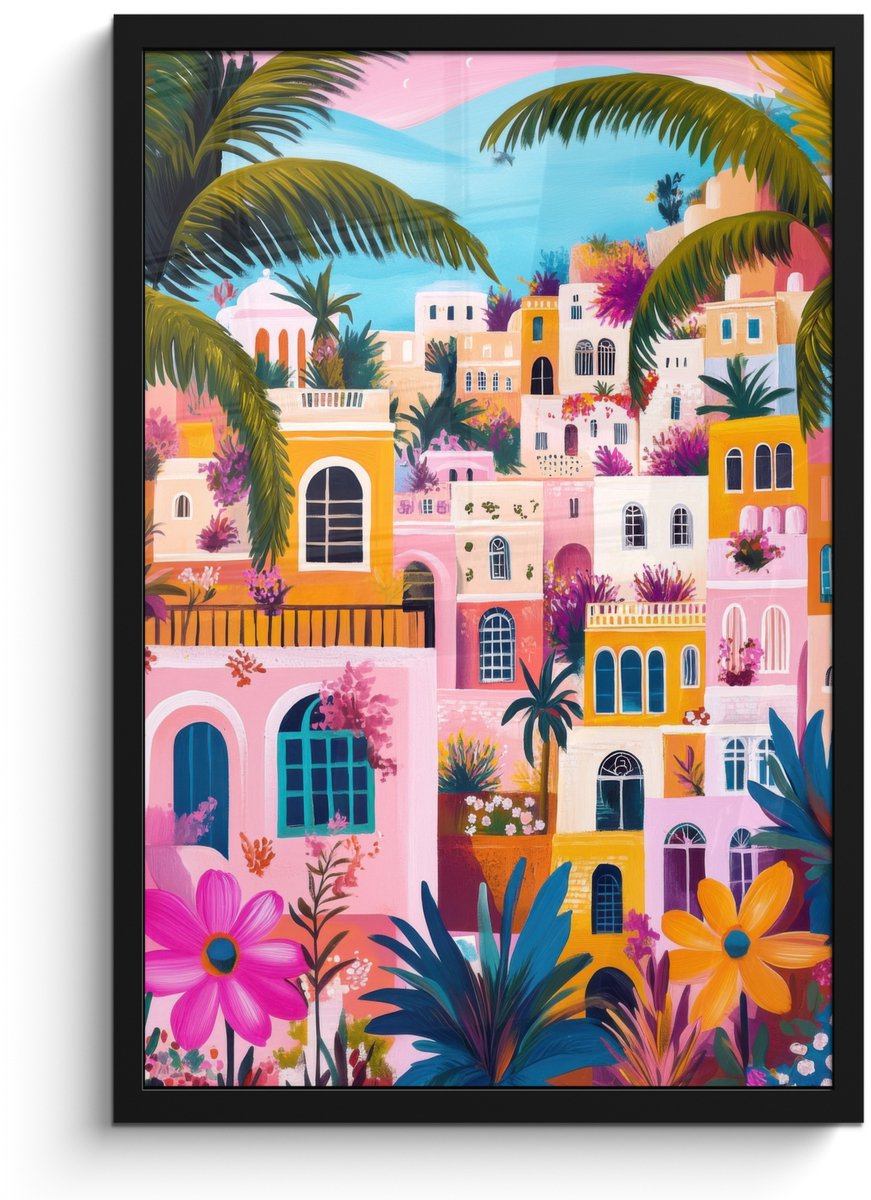 FrameYourWall Poster in lijst - Fotolijst 40x60 cm - Posters - Kleurrijk - Roze - Oranje - Geel - Bloemen - Posterlijst zwart - Decoratie - Wanddecoratie woonkamer - Muurdecoratie slaapkamer Stad - Kleurrijk