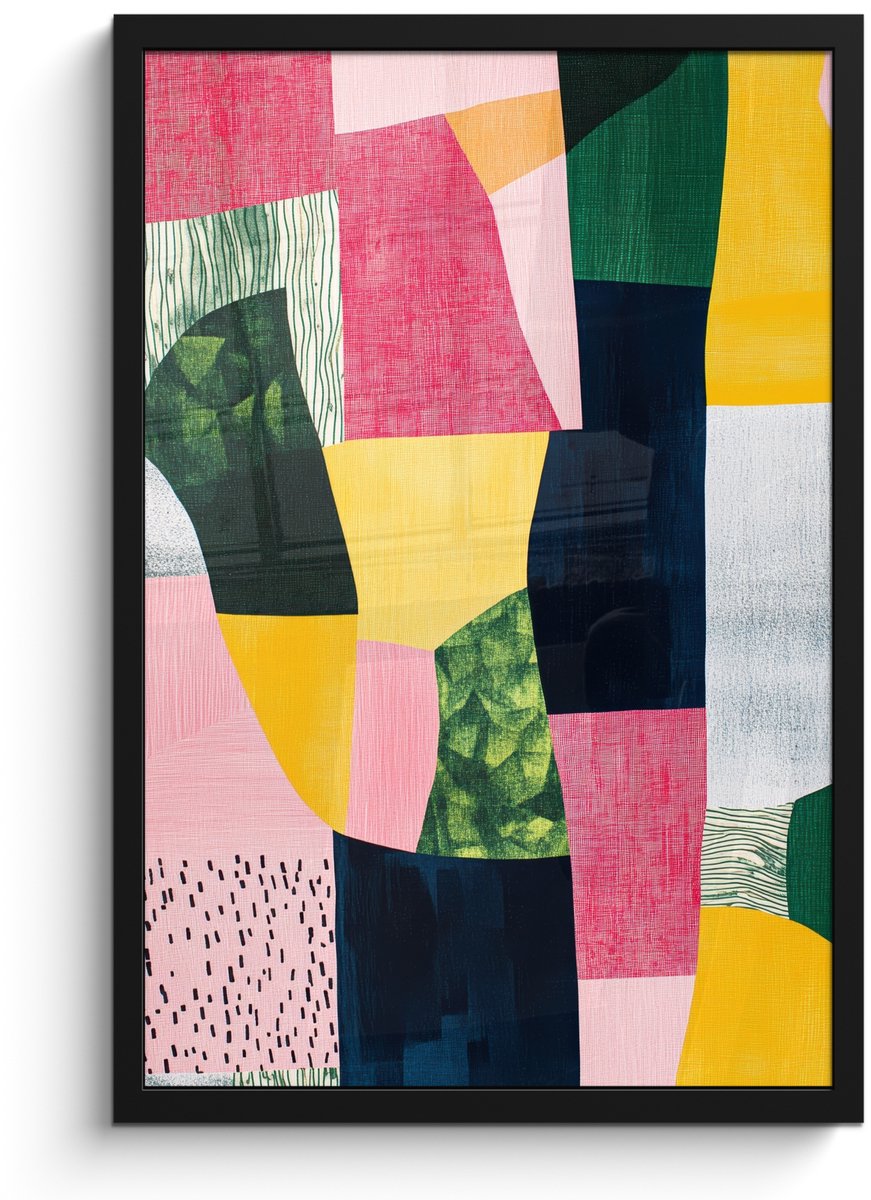 FrameYourWall Poster in lijst - Fotolijst 40x60 cm - Posters - Abstract - Roze - Lappen - Vormen - Geel - Posterlijst zwart - Decoratie - Wanddecoratie woonkamer - Muurdecoratie slaapkamer