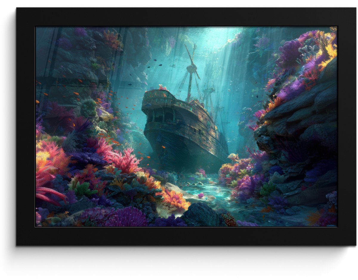 FrameYourWall Poster in lijst - Fotolijst 30x20 cm - Posters - Schip - Hout - Koraalriffen - Zonlicht - Posterlijst zwart - Decoratie - Wanddecoratie woonkamer - Muurdecoratie slaapkamer