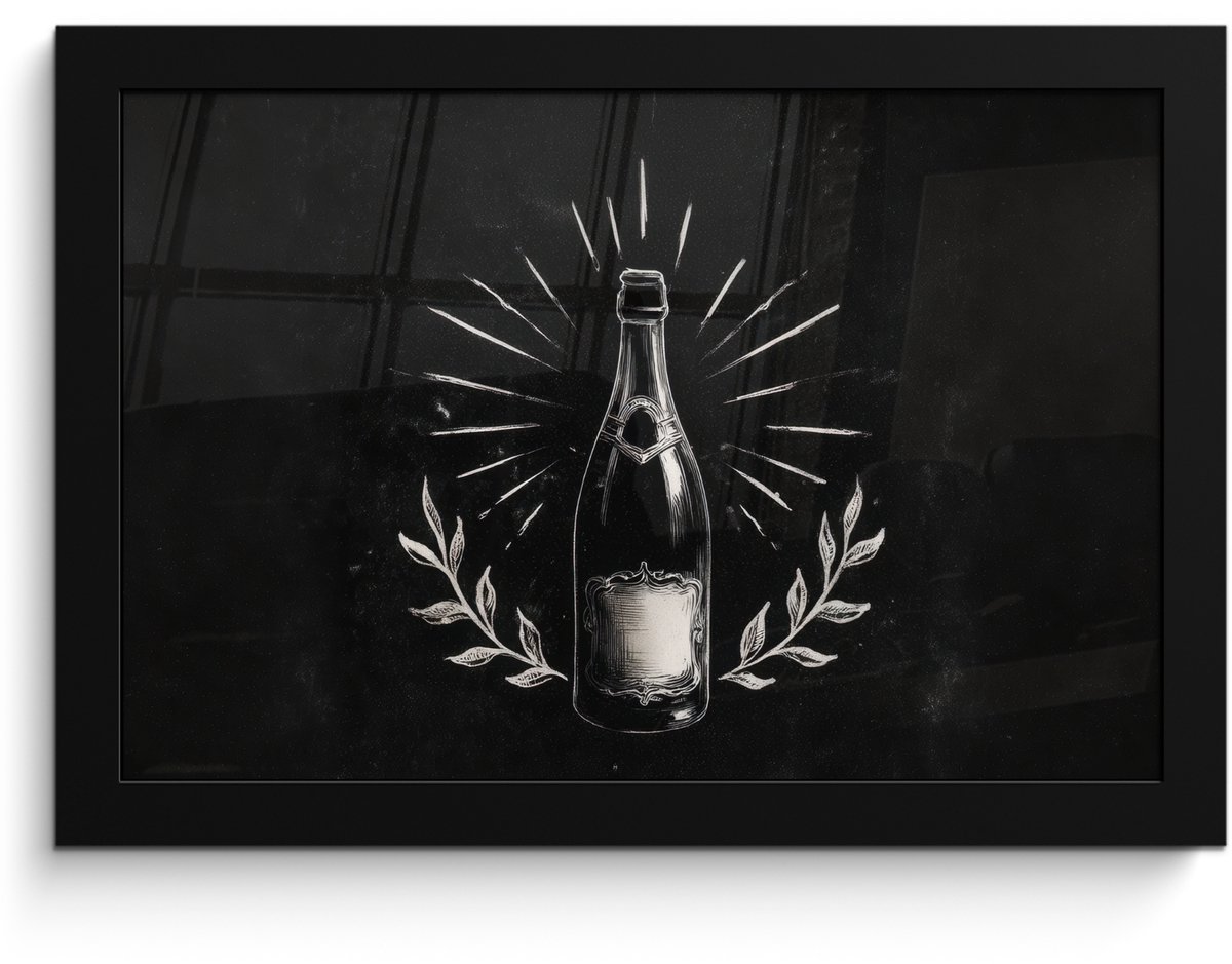 FrameYourWall Poster in lijst - Fotolijst 30x20 cm - Posters - Champagnefles - Lauriertakken - Zwarte achtergrond - Posterlijst zwart - Decoratie - Wanddecoratie woonkamer - Muurdecoratie slaapkamer