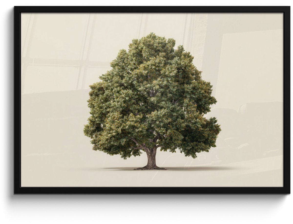 FrameYourWall Poster in lijst - Fotolijst 90x60 cm - Posters - Eikenboom - Groen - Lichte achtergrond - Posterlijst zwart - Decoratie - Wanddecoratie woonkamer - Muurdecoratie slaapkamer