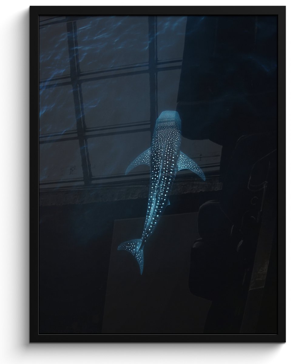 FrameYourWall Poster in lijst - Fotolijst 60x80 cm - Posters - Oceaan - Walvishaai - Donkerblauw - Vlekken - Posterlijst zwart - Decoratie - Wanddecoratie woonkamer - Muurdecoratie slaapkamer