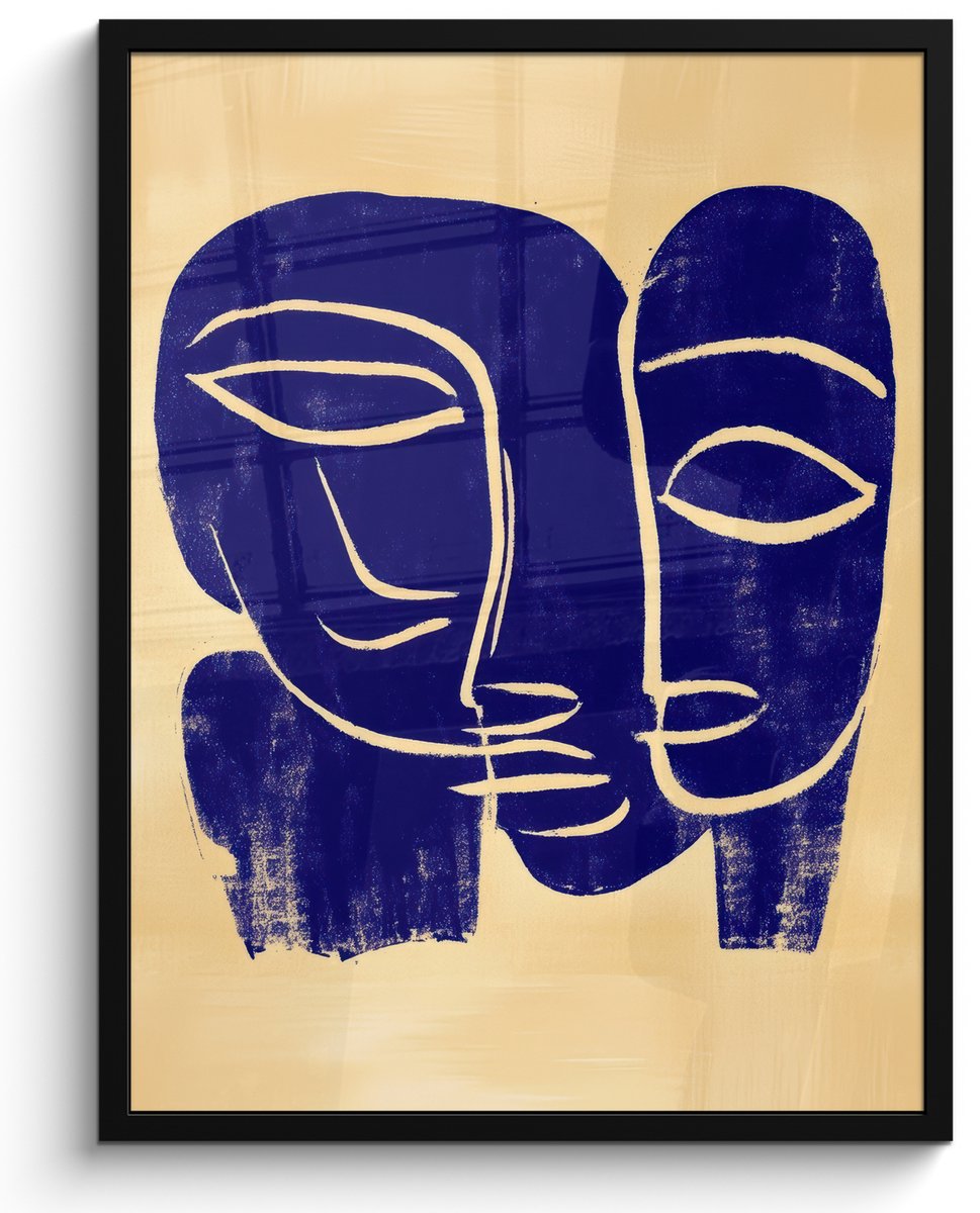 FrameYourWall Poster in lijst - Fotolijst 60x80 cm - Posters - Okergeel - Blauw - Eenvoudige lijnen - Posterlijst zwart - Decoratie - Wanddecoratie woonkamer - Muurdecoratie slaapkamer Lijnen - Gezichten