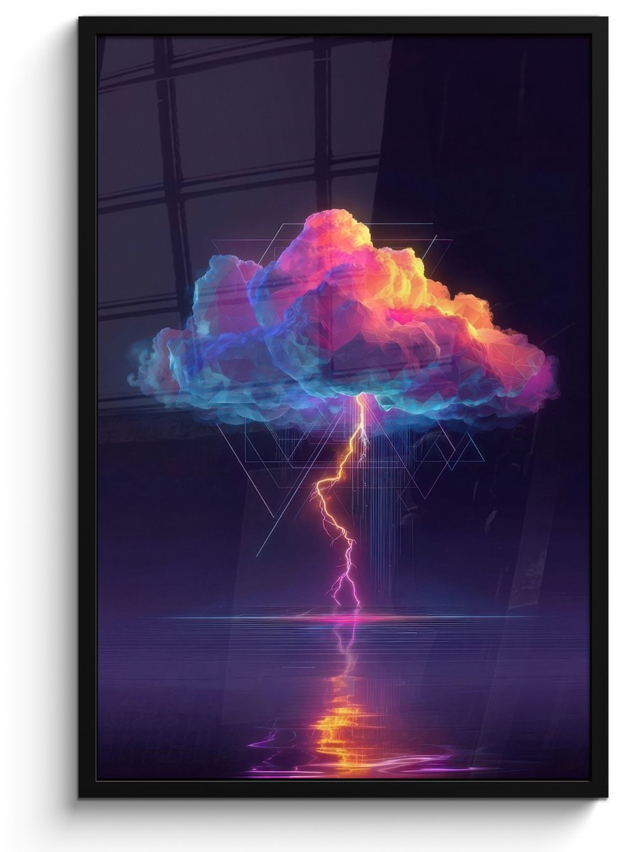 FrameYourWall Poster in lijst - Fotolijst 60x90 cm - Posters - Donderwolk - Bliksemschicht - Licht - Blauw - Posterlijst zwart - Decoratie - Wanddecoratie woonkamer - Muurdecoratie slaapkamer Wolk - Bliksemschicht - Driehoeken