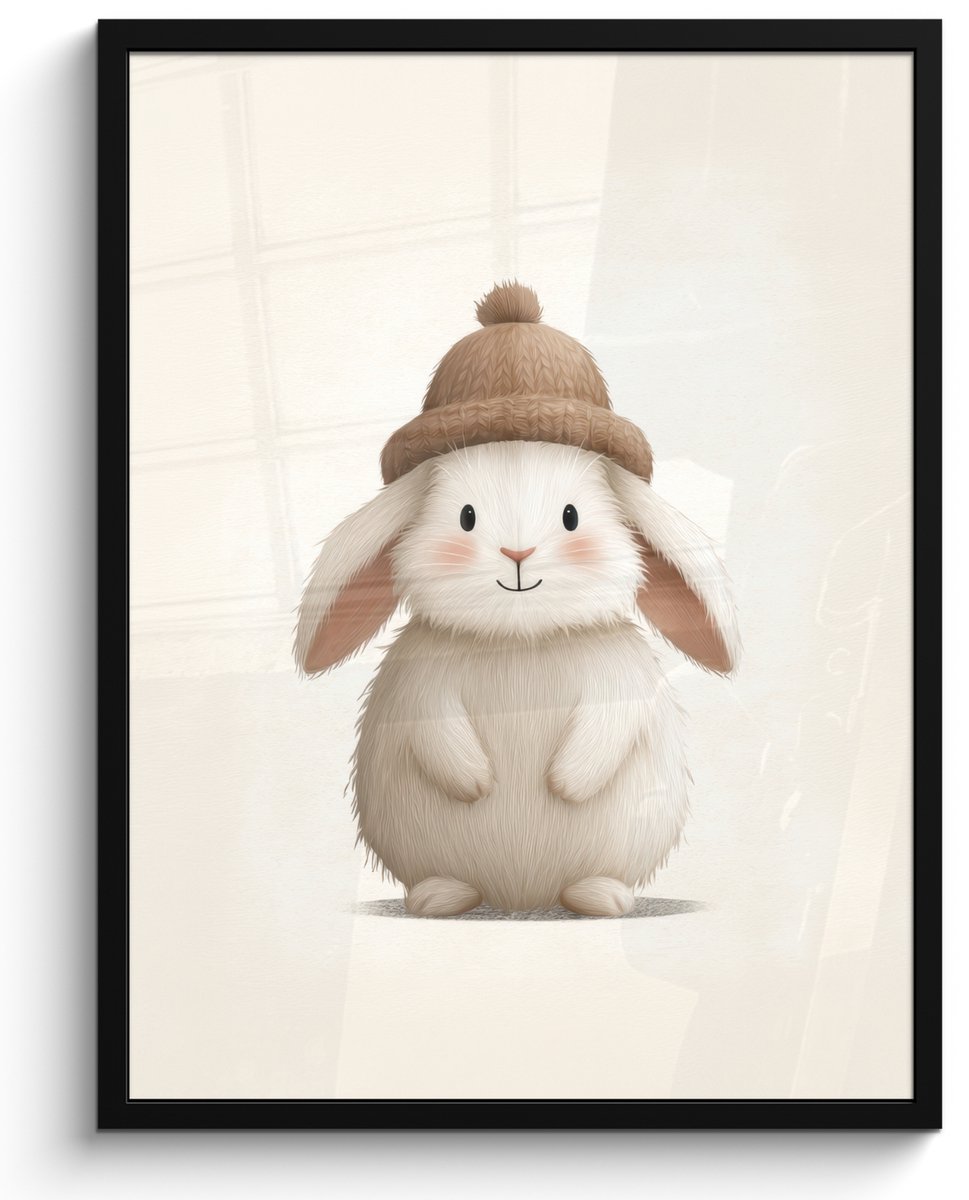 FrameYourWall Poster in lijst - Fotolijst 60x80 cm - Posters - Konijn - Muts - Oren - Beige - Posterlijst zwart - Decoratie - Wanddecoratie woonkamer - Muurdecoratie slaapkamer
