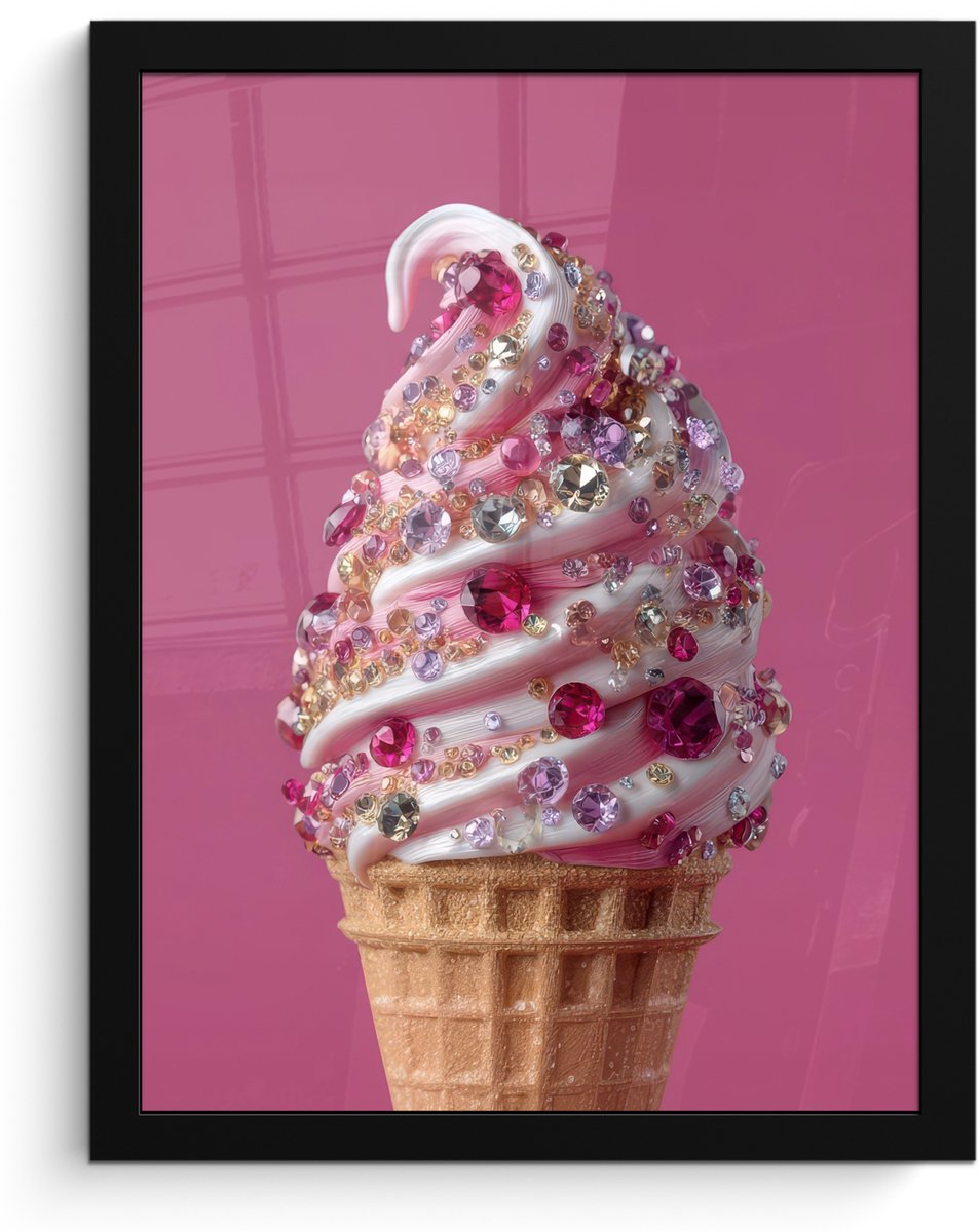 FrameYourWall Poster in lijst - Fotolijst 30x40 cm - Posters - Softijs - Edelstenen - Roze - Hoorntje - Posterlijst zwart - Decoratie - Wanddecoratie woonkamer - Muurdecoratie slaapkamer