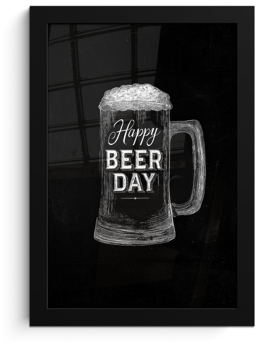 FrameYourWall Poster in lijst - Fotolijst 20x30 cm - Posters - Bierpul - Witte krijtletters - Happy beer day - Posterlijst zwart - Decoratie - Wanddecoratie woonkamer - Muurdecoratie slaapkamer Bierpul - Happy beer day
