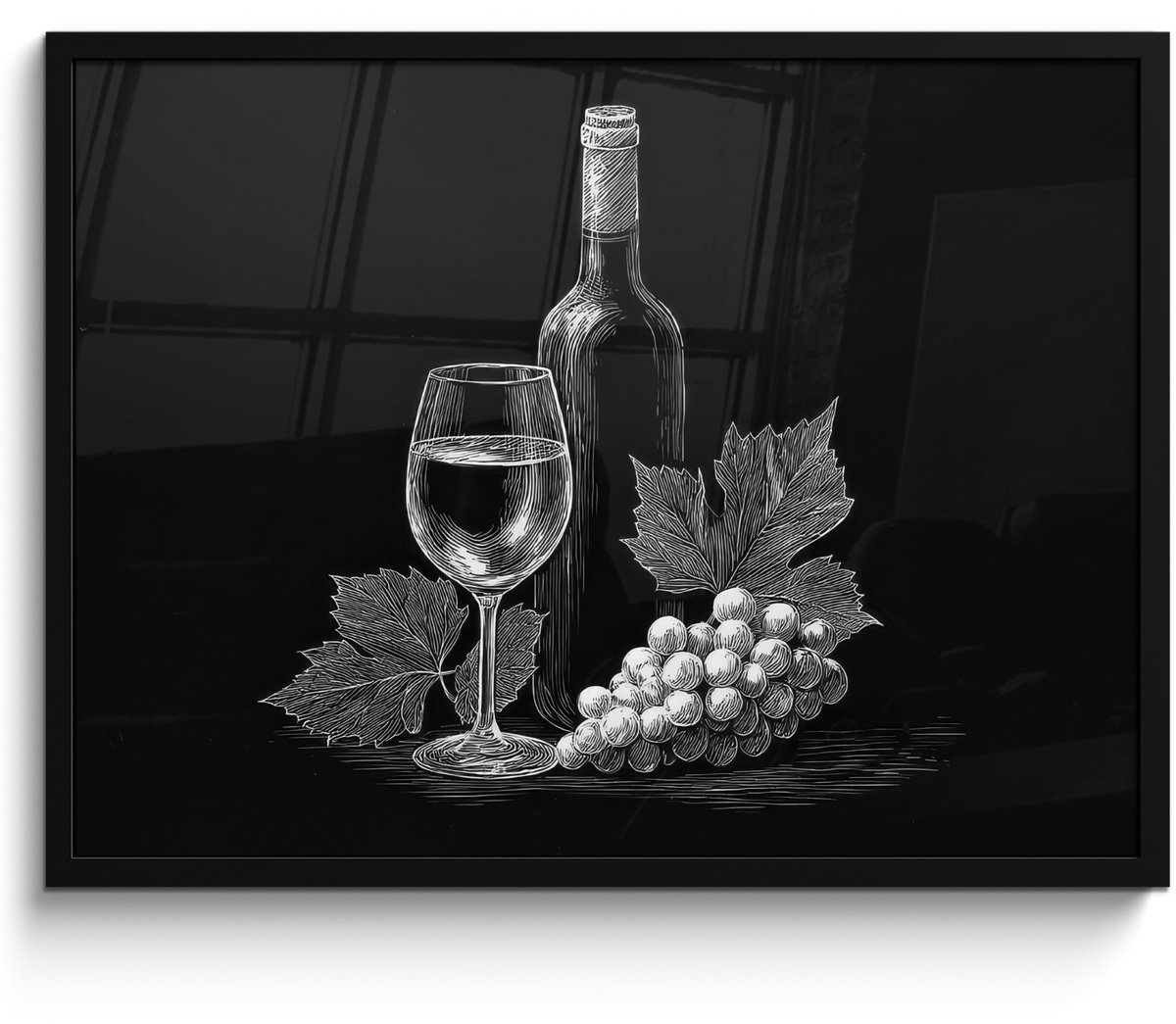 FrameYourWall Poster in lijst - Fotolijst 80x60 cm - Posters - Wijnfles - Glas - Druiven - Bladeren - Posterlijst zwart - Decoratie - Wanddecoratie woonkamer - Muurdecoratie slaapkamer Wijnfles - Druiven