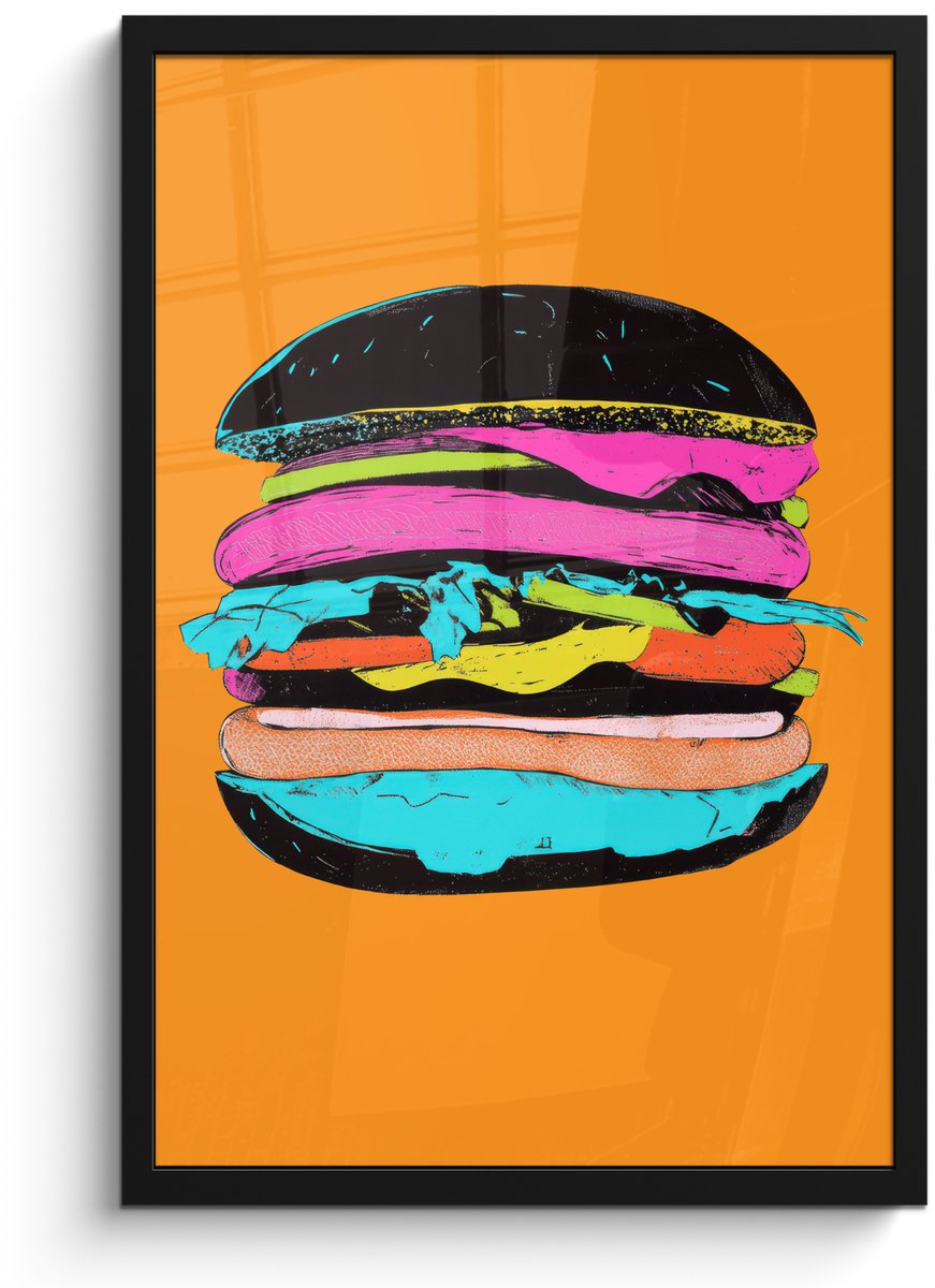 FrameYourWall Poster in lijst - Fotolijst 40x60 cm - Posters - Hamburger - Kleurrijk - Speels - Posterlijst zwart - Decoratie - Wanddecoratie woonkamer - Muurdecoratie slaapkamer