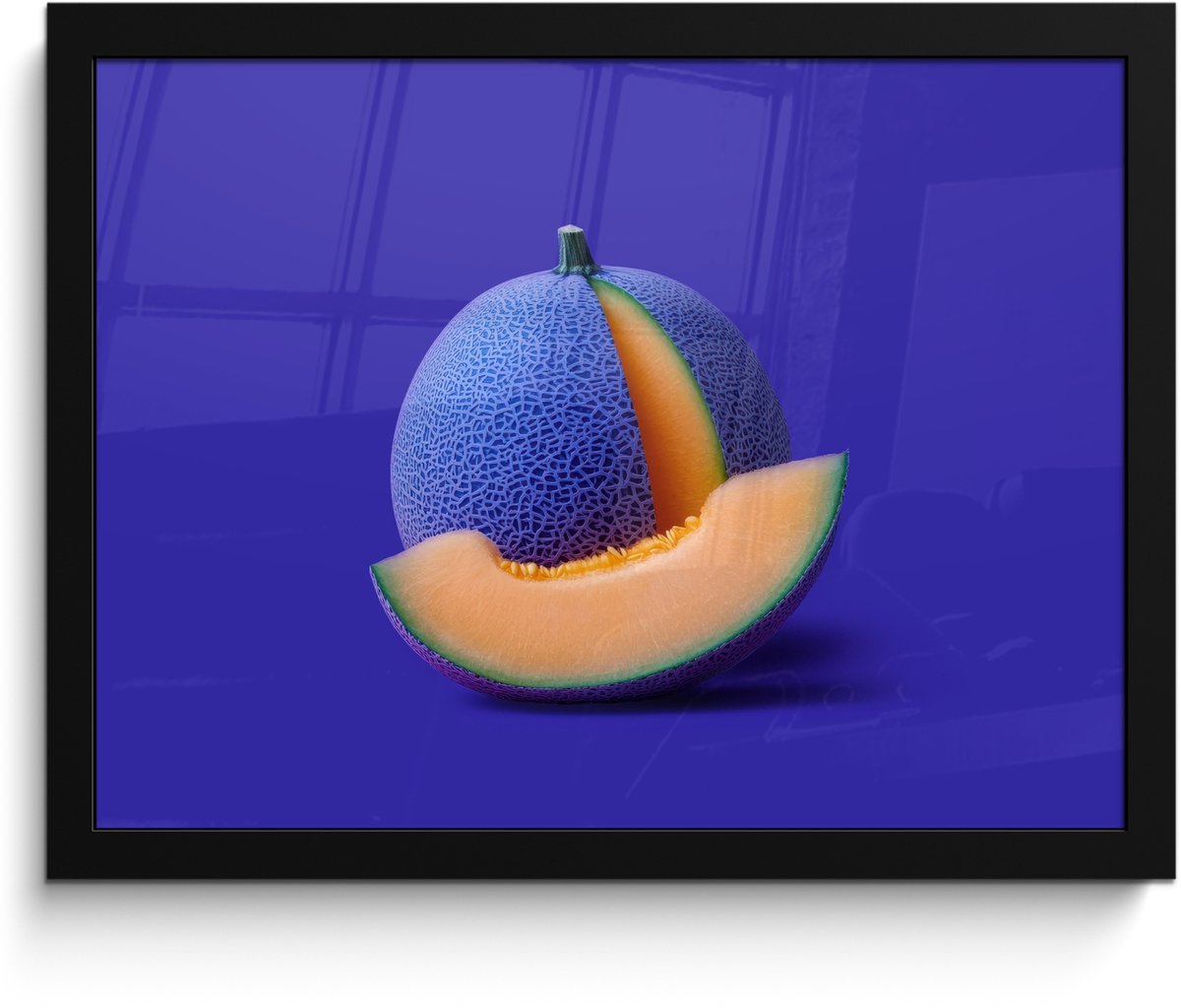 FrameYourWall Poster in lijst - Fotolijst 40x30 cm - Posters - Meloen - Blauw - Oranje - Kunstzinnig - Posterlijst zwart - Decoratie - Wanddecoratie woonkamer - Muurdecoratie slaapkamer