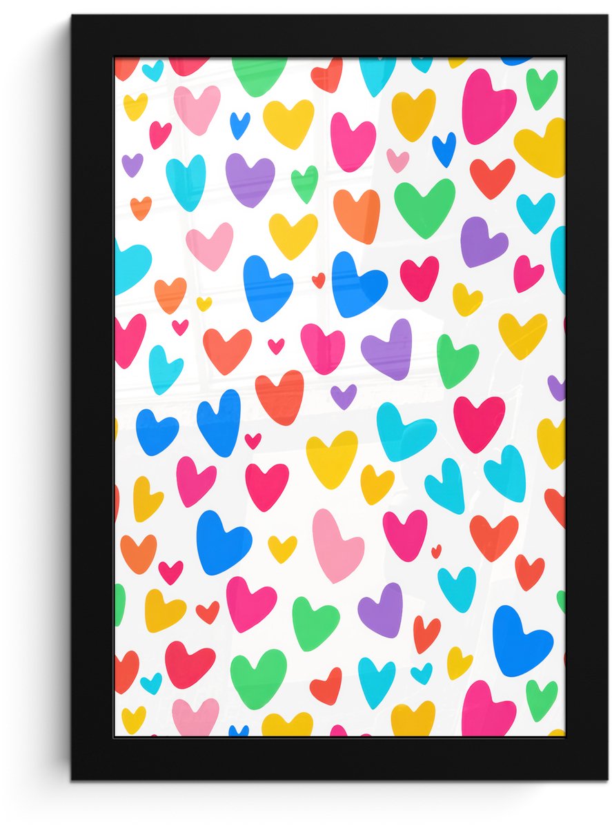 FrameYourWall Poster in lijst - Fotolijst 20x30 cm - Posters - Hartjes - Kleurrijk - Patroon - Levendig - Posterlijst zwart - Decoratie - Wanddecoratie woonkamer - Muurdecoratie slaapkamer