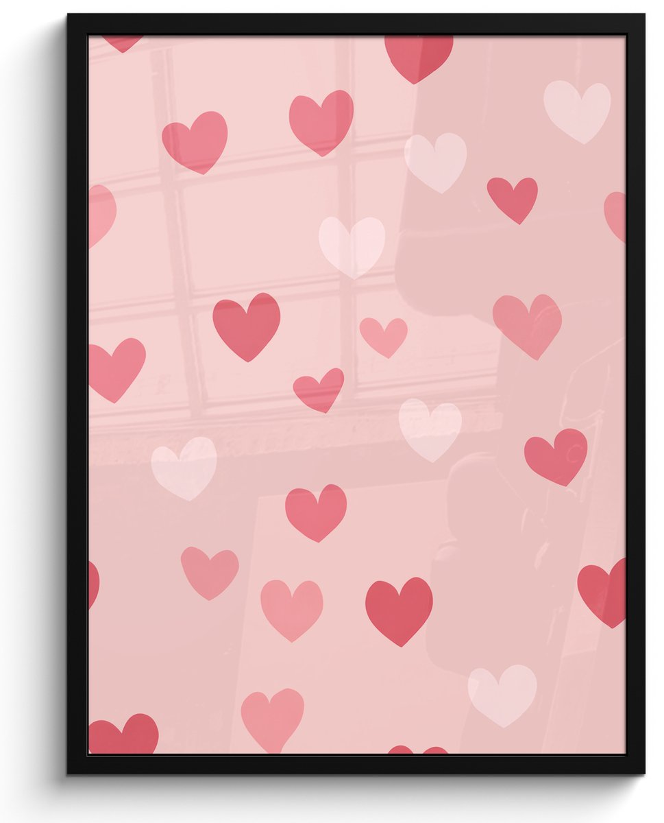 FrameYourWall Poster in lijst - Fotolijst 60x80 cm - Posters - Hartjes - Patroon - Roze - Eenvoudig - Posterlijst zwart - Decoratie - Wanddecoratie woonkamer - Muurdecoratie slaapkamer