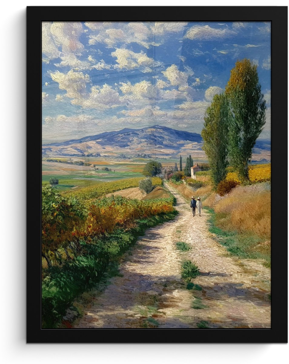 FrameYourWall Poster in lijst - Fotolijst 30x40 cm - Posters - Mensen - Wandelen - Zandpad - Velden - Posterlijst zwart - Decoratie - Wanddecoratie woonkamer - Muurdecoratie slaapkamer Zandpad - Velden - Bergen