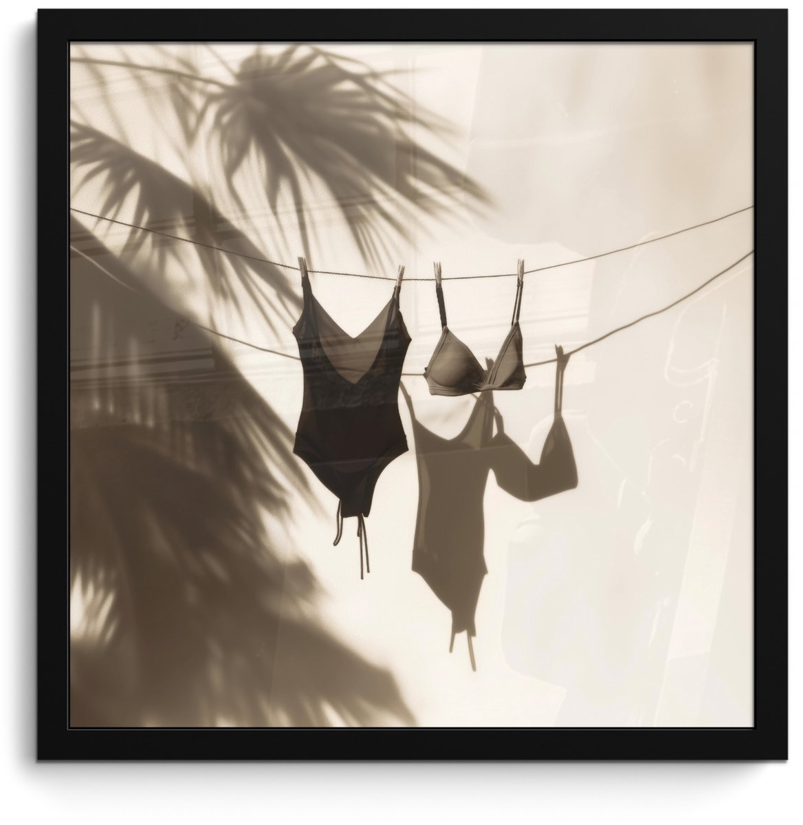 FrameYourWall Poster in lijst - Fotolijst 40x40 cm - Posters - Badkleding - Palmbomen - Schaduw - Tropisch - Posterlijst zwart - Decoratie - Wanddecoratie woonkamer - Muurdecoratie slaapkamer Badkleding - Waslijn - Tropisch