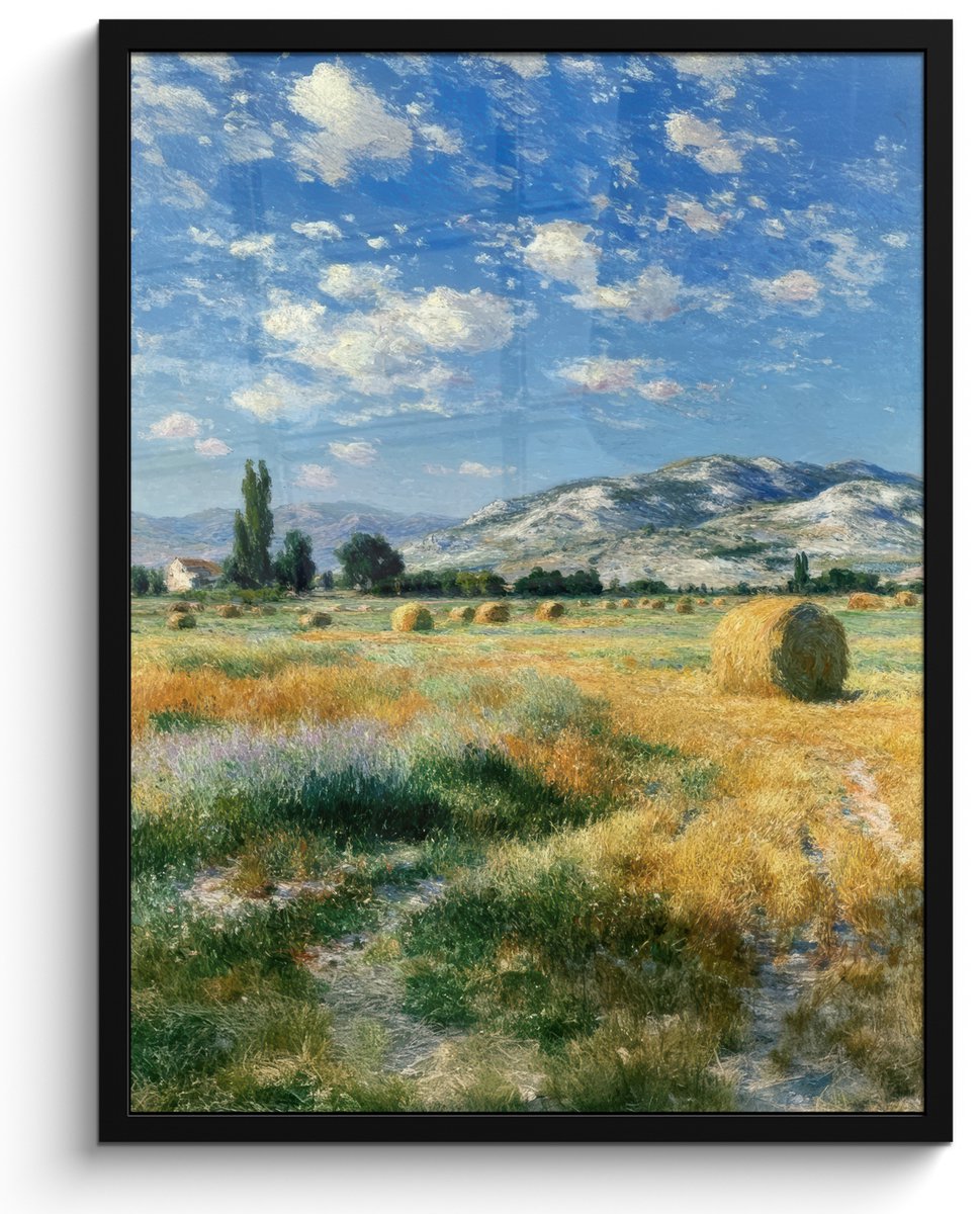 FrameYourWall Poster in lijst - Fotolijst 60x80 cm - Posters - Landschap - Strobalen - Bergen - Wolken - Posterlijst zwart - Decoratie - Wanddecoratie woonkamer - Muurdecoratie slaapkamer
