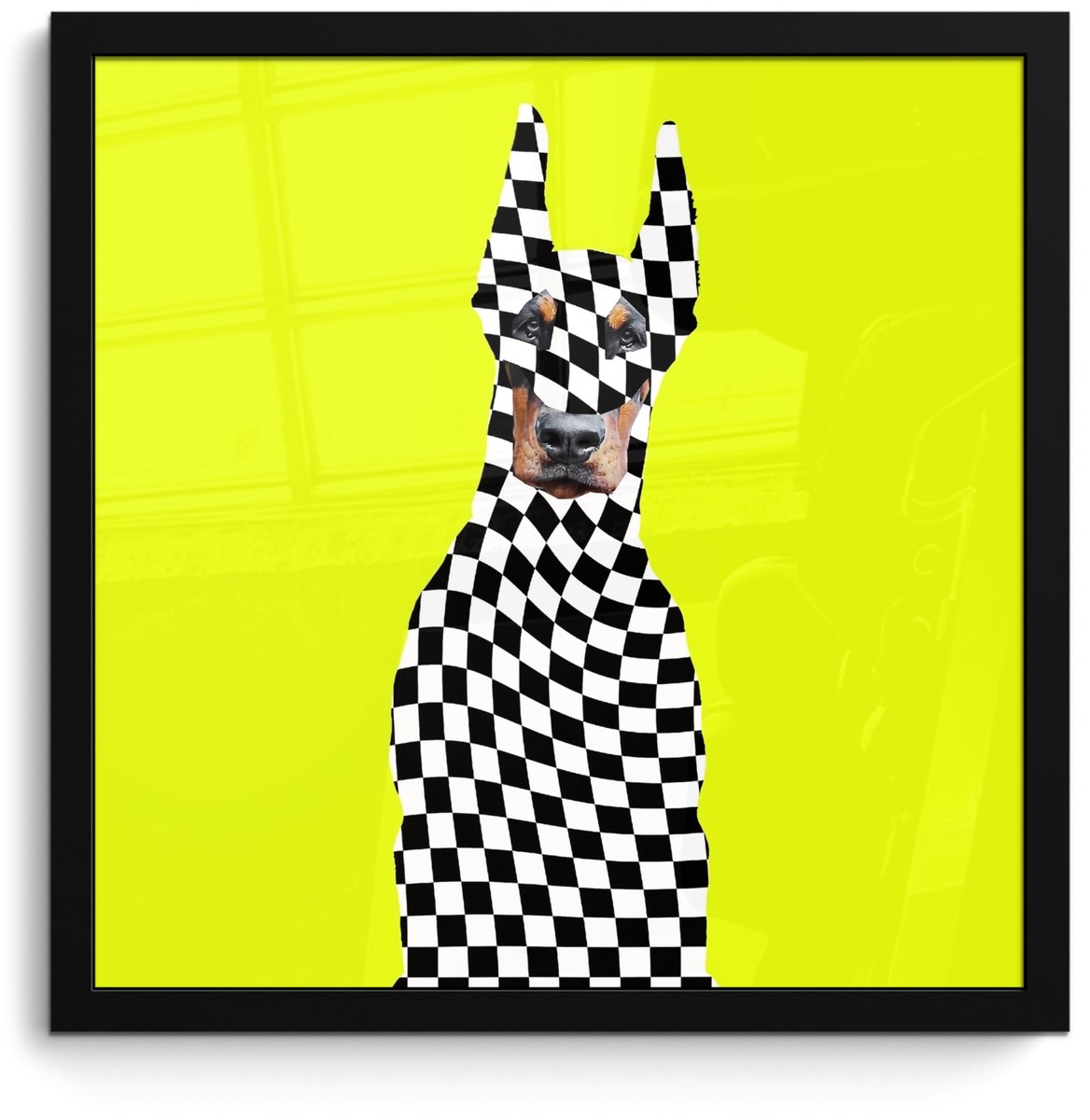 FrameYourWall Poster in lijst - Fotolijst 40x40 cm - Posters - Dobermann - Geblokt - Geel - Posterlijst zwart - Decoratie - Wanddecoratie woonkamer - Muurdecoratie slaapkamer Hond - Geblokt