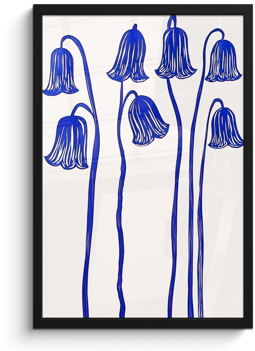 FrameYourWall Poster in lijst - Fotolijst 40x60 cm - Posters - Bloemen - Blauw - Lijnen - Bloemblaadjes - Posterlijst zwart - Decoratie - Wanddecoratie woonkamer - Muurdecoratie slaapkamer Bloemen - Bloemblaadjes
