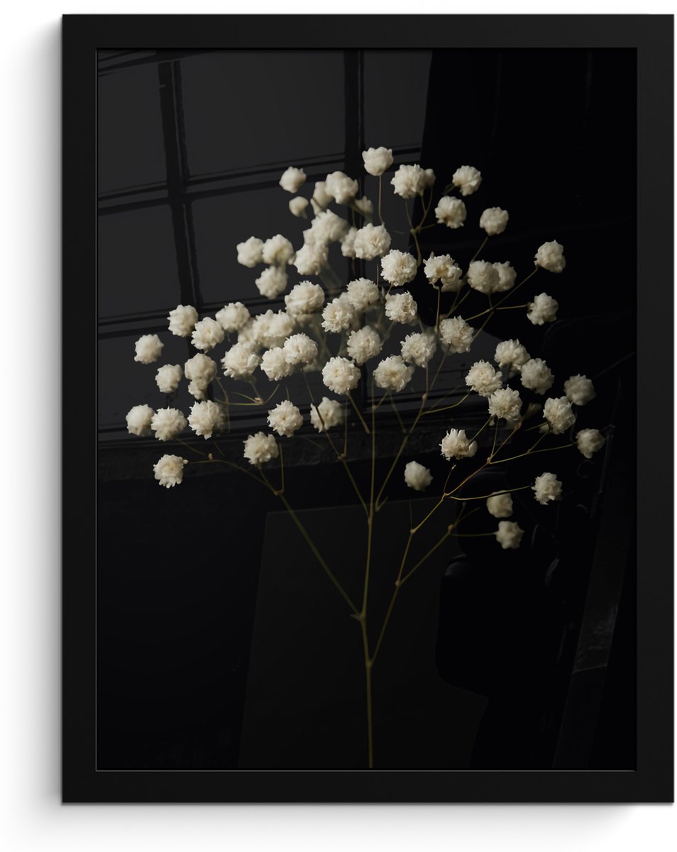 FrameYourWall Poster in lijst - Fotolijst 30x40 cm - Posters - Gipskruid - Bloemetjes - Wit - Minimalistisch - Posterlijst zwart - Decoratie - Wanddecoratie woonkamer - Muurdecoratie slaapkamer