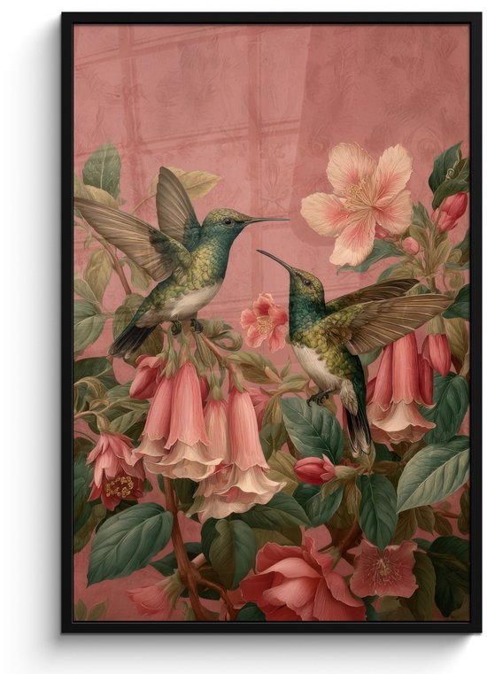 Poster in lijst - Fotolijst 80x120 cm - Posters - Kolibries - Bloemen - Groen - Roze - Posterlijst zwart - Decoratie - Wanddecoratie woonkamer - Muurdecoratie slaapkamer