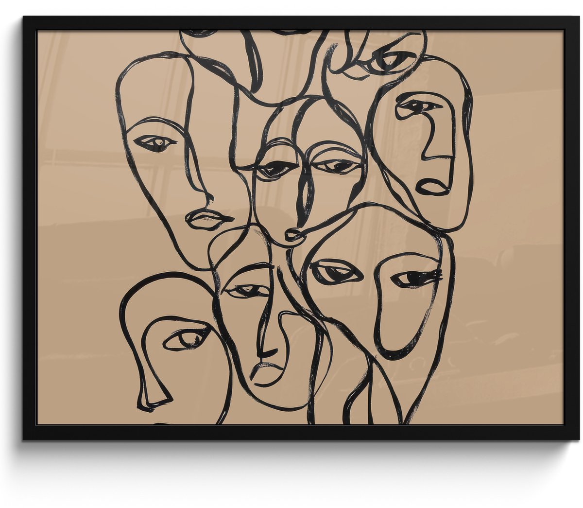 FrameYourWall Poster in lijst - Fotolijst 80x60 cm - Posters - Gezichtenzee - Lijntekening - Abstract - Posterlijst zwart - Decoratie - Wanddecoratie woonkamer - Muurdecoratie slaapkamer Gezichten - Lijntekening